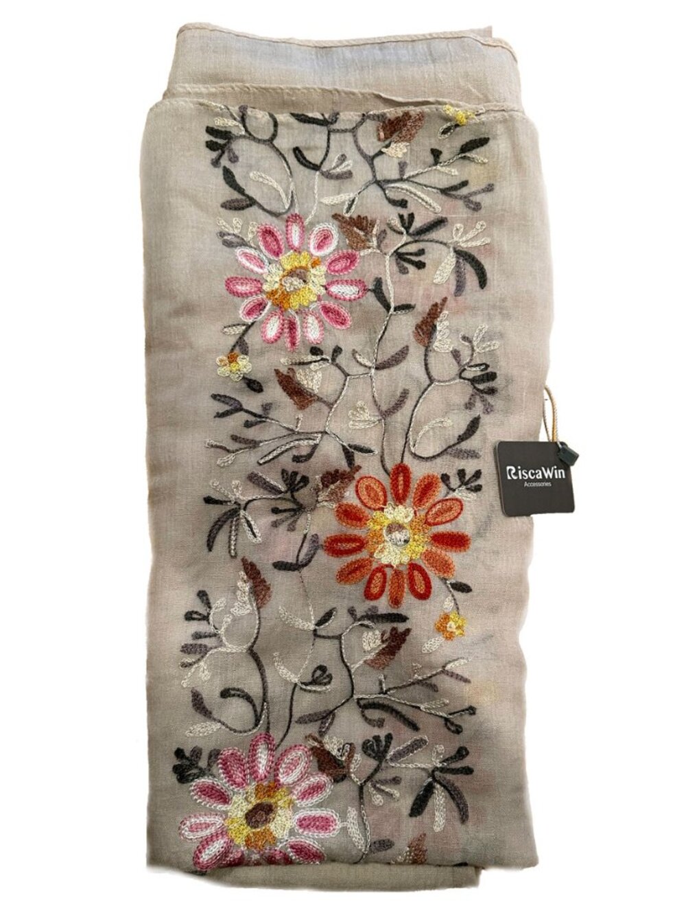 RiscaWin Oversized Beige Floral Embroidered Scarf Shawl Wrap Boho 36x70 - Picture 10 of 11